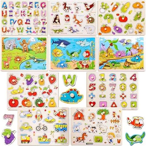 Chivao 10 Pack Wooden Peg Puzzles for Toddlers Jigsaw Learning Puzzles for Kids Wooden Toddler Toys with Alphabet Number Animal Vehicle Shape