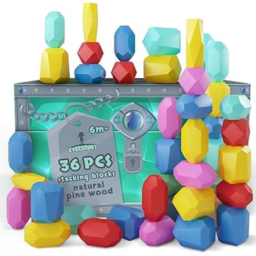 36 Pcs Wooden Stacking Blocks – Montessori Toys for 1 2 3 4 5 6 Year Old Toddlers and Kids, XL Rocks, No Choking Hazard – Sensory STEM Building Stones, Girl or Boy Birthday Gifts