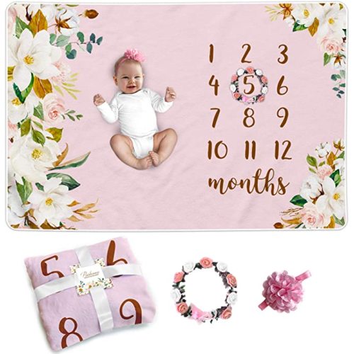 Paishanas Baby Monthly Milestone Blanket | Girl | Super Soft Premium Fleece | Monthly Blanket | Pink Floral | Photo Props for Newborn | Photography Backdrop 60" x 40"