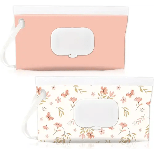 FEBSNOW 2 Pack Baby Wipes Dispenser Holder, Portable Refillable Baby Wet Wipes Pouch Container Reusable Travel Case for Outdoor Hiking, Pink Flower