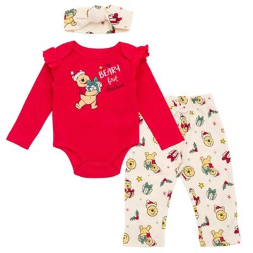 Disney Christmas Baby Girls Bodysuit, Pants and Headband 3 Piece Outfit Set Newborn to Infant