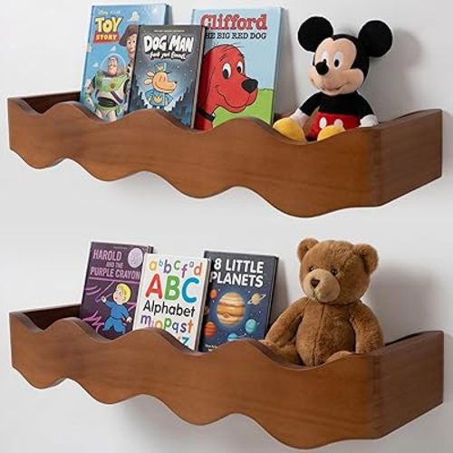 Ovalo Nursery Book Shelves Set of 2 - Solid Pine Wood Nursery Bookshelf, Floating Nursery Shelves for Wall, Wall Bookshelf for Kids Room, No-Assembly Wall Mounted Baby Book Shelf. (Walnut Brown)