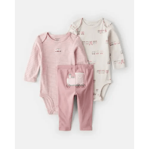 Baby Girl 3-Piece Train Print Long-Sleeve Bodysuit & Pant Set - Pink | Carter's