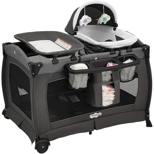 Pamo Babe Pack and Play 4-in-1 Baby Playard with Bassinet & Changing Table, Foldable Portable Playpen with Mattress, Travel Crib for Newborn to Toddler 0-36M-Black