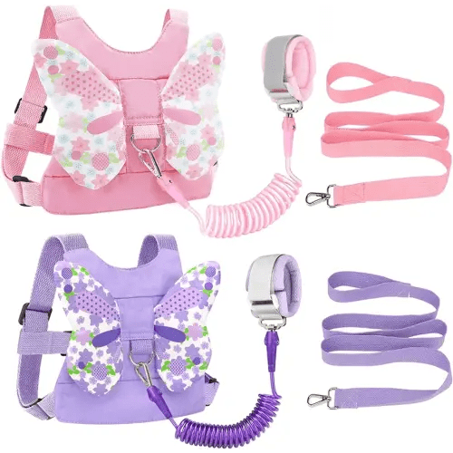Accmor Toddler Harness Leash + Anti Lost Wrist Link, 2 Pack Cute Kids Butterfly Harness Leashes, Adorable Baby Leash Walking Assistant Wristband Strap Tether for Girls Outdoor (Pink + Purple)