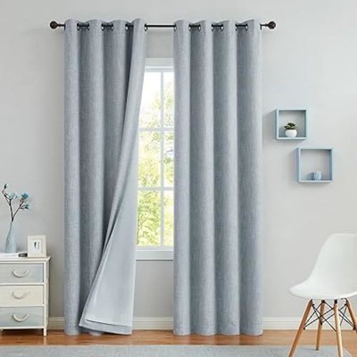 Blue Solid Full Blackout Curtain Panel Heavy Linen Texture Window Treatment for Bedroom Noise Reducing Thermal Insulated Drapes 8 Grommets Top for Living Room with Liner, Chambray Blue, 50"x90"x2