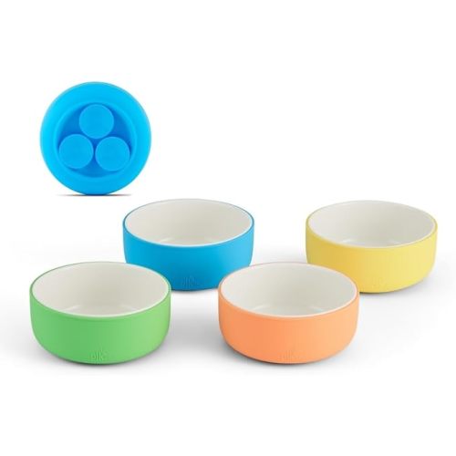 Elk and Friends Kids Porcelain Bowls with Silicone Suction Sleeve | Kids/Toddler/Baby Feeding | Microwave & Dishwasher Safe | Non slip | Cereal/Soup/Snack Dishes & Dinnerware - Green/Orange/Blue/Yellow