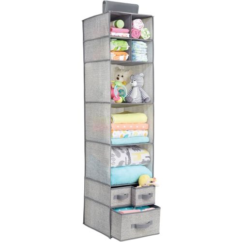 mDesign Fabric Hanging Organizer - Over Closet Rod Storage - 7 Shelves/3 Removable Drawers for Baby Nursery Bedroom Organization - Hold Clothes, Linens, Toys, Accessories - Lido Collection - Gray