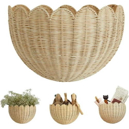 Scalloped Wall Basket,Handmade Woven Wicker Hanging Basket with Metal Frame for Wall Storage & Home Decor in Bathroom, Kitchen, Living Room (14"x6"x8"(2pcs))