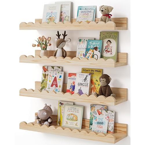 Nursery Book Shelves, 4-Pack Wood Floating Shelves for Wall Kids, Scalloped Shelves, Wall Book Shelves for Bedroom Kids, Toddler Room, Baby Room, Nursery Decor(Wood, 16.5 Inches)