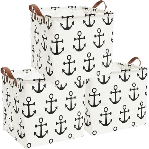 Essme 3PACK Square Storage Bin,Cotton Fabric Laundry Baskets,Collapsible Waterproof Toy Storage Bin with Handles for Family Storage,Shelf Baskets,Bedroom(3pack Anchor)