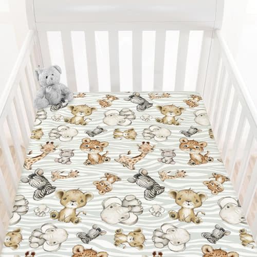 HawSkgFub Safari Jungle African Animals Fitted Standard Baby Crib Sheet Boy Girl, Giraffe Lion Tiger Elephant Zebra Toddler Mattress Cover, Soft Stretchy Nursery Bed Sheets Decor Kids Gift 52” x 28”