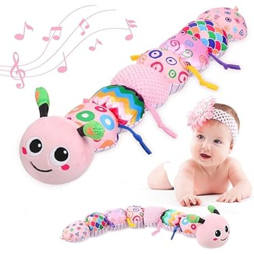 Baby Sensory Toys 0-6 Months - Stuffed Caterpillar Toys for 0-3 Months Newborn Infant Rattles Crinkle Textures Tummy Time Gifts for 3-6 6-12 Months Soft Plush Music Boys Girls Present
