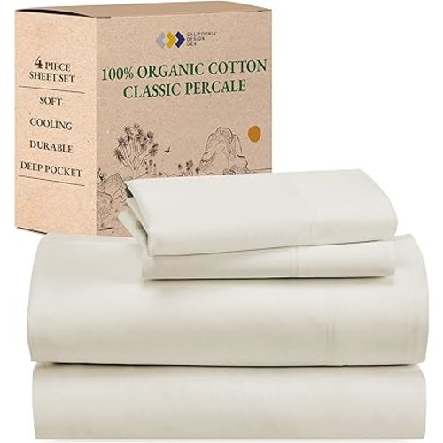 California Design Den King Sheets Set - Soft 100% Organic Cotton Sheets with Deep Pockets, Crisp Percale, Breathable and Durable Bedding Set - Ivory