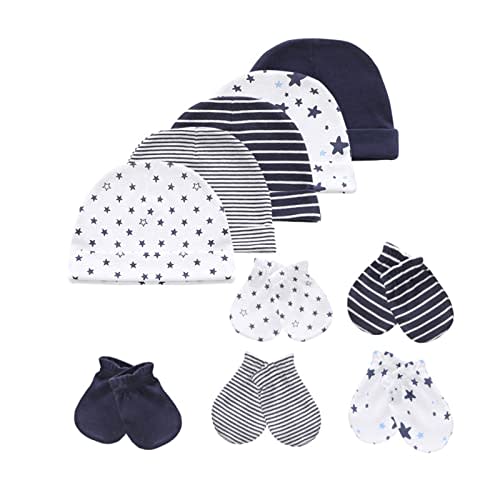 MAMIMAKA Baby Hat and Mittens Set Newborn Baby Hats Caps for Baby Boys Girls 0-6 Months 100% Cotton