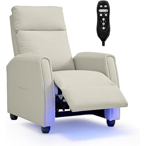 Recliner Chair for Adults Push Back Armchair Home Theater Seating with Lumbar Support Single Sofa for Living Room with Massage & Heat Vibration Cream(Pu Leather with Lights)