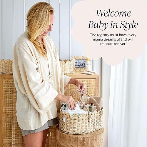 BEBE BASK Premium Baby Diaper Caddy Organizer - Handmade & Award-Winning Scalloped Rattan Basket - Luxury Diaper Caddy Basket - Elegant Scalloped Edge (Natural)