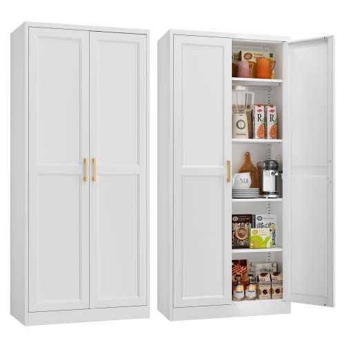 Polup 71" Height Metal White Storage Cabinet, Modern Tall Steel Pantry Cupboard with 2 Doors and Adjustable Shelves for Kitchen Garage and Home