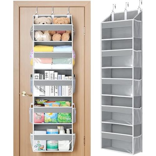 Yecaye 5 Tier Clear Over the Door Organizer Hanging, 5 Large Plastic Pockets and 10 Side Pockets Back of Door Organizer, 56lbs Weight Capacity Behind the Door Storage for Nursery, Grey