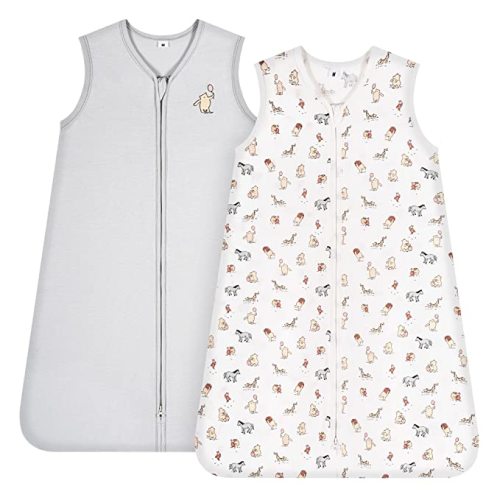 TILLYOU Baby Sleep Sack 12-18 Months, 0.5 Tog Soft Lightweight Cotton Wearable Blanket for Kids with Double Zipper, 2 Pack, Bear Forest & Grey
