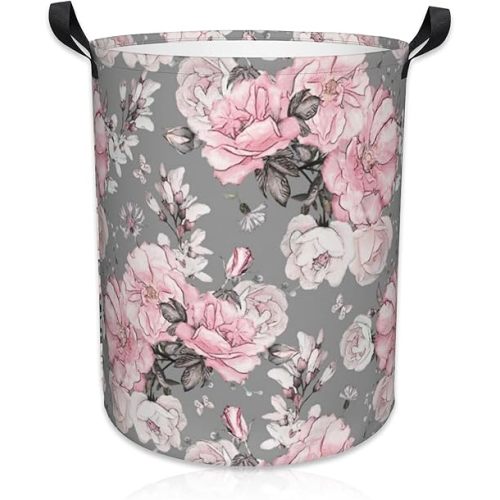 Laundry Basket Flower Rose Laundry Basket Oxford Cloth Laundry Hamper Large Storage Baskets Toy Organizer Tote Bag For Bedroom Clothes Bathroom 17.3(H) x16.5(D) Inch