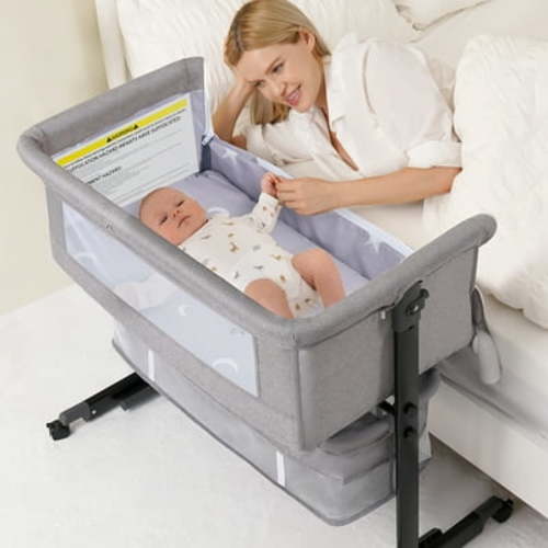 kmaier Baby Bassinet Foldable Portable Bedside Crib,Storage Basket breathable mesh,Light Gray