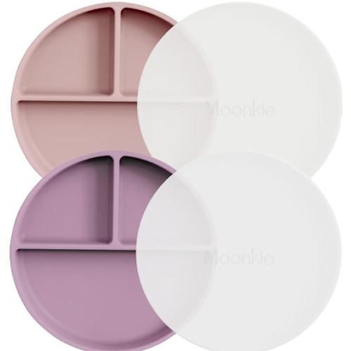 Moonkie Suction Plates for Baby | 100% Silicone BPA-Free Baby Plates with Lids and Food Cover | Divided Design | Microwave and Dishwasher Safe | Toddler Plates 2 Pack