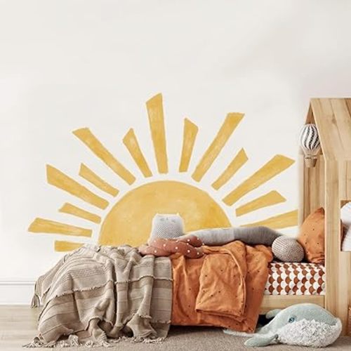astrkiz Large Boho Half Sunrise Wall Decals Peel and Stick, Watercolor Sun Decal Sunrise Wall Murals Stickers, Sunshine Wall Stickers for Kids Room Playroom Nursery Bedroom, 47.28" x 26.40"