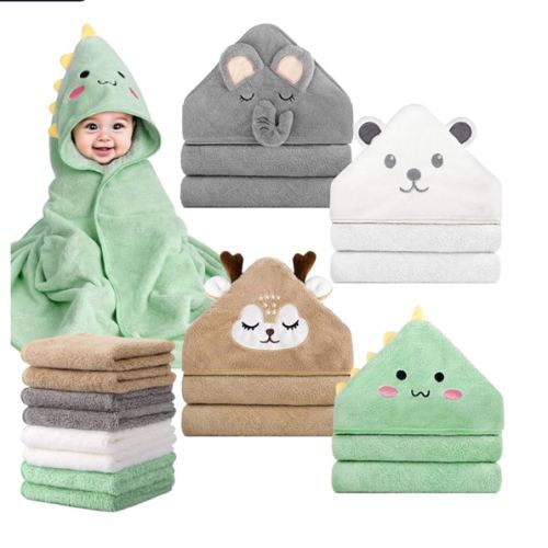 CandyHome 12 PCS Baby Bath Towels Set for Infants Toddlers, 4 PCS Animal Hooded Baby Towels & 8 PCS Washcloths Set, Ultra Absorbent Cute Soft Newborn Essentials Gift for Boys & Girls
