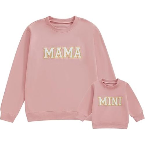 Mommy and Me Letter Print Matching Family Outfits Long Sleeve Crewneck Casual Sweatshirt T-Shirt