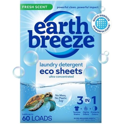 Earth Breeze Laundry Detergent Sheets Fresh Scent - 60 Loads No Plastic Jug Concentrated Laundry Detergent 30 Sheets