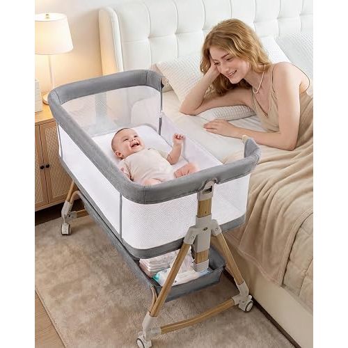 Baby Bassinet Bedside Crib, 3-in-1 Baby Bassinet Bedside Sleeper，Rocking Bedside Bassinet with Wheels, Adjustable Easy Folding Portable Bed for Infant Newborn (Grey)