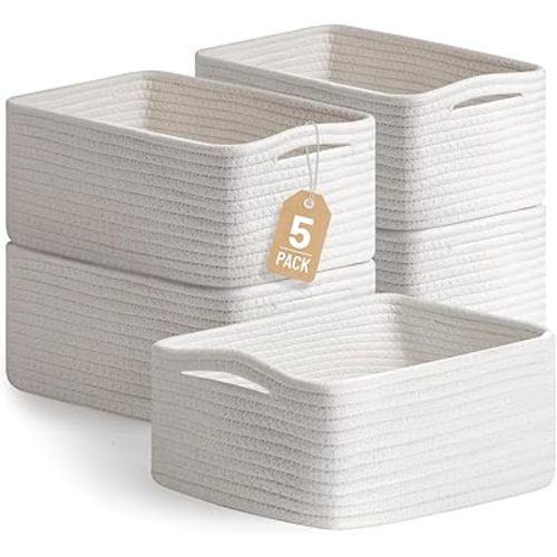 5 Pack White Small Woven Storage Baskets for Shelves, Cotton Rope Baskets Organizer for Bathroom, Closet & Nursery, Decorative Storage Bins for Organizing Socks, Toys, 11.8"x7.9"x4.7"