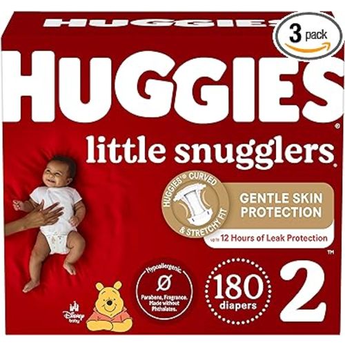 Huggies Size 2 Diapers, Little Snugglers Baby Diapers, Size 2 (12-18 lbs), 180 Ct (3 packs of 60), Packaging May Vary