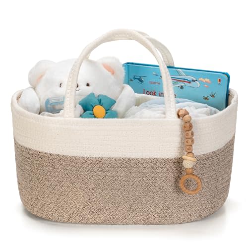 Kodomoore Large Diaper Caddy Organizer, Baby Storage Basket, Nursery Bin and Car Organizer for Diapers, Gift Basket for Baby Shower List or Newborn Essentials, Boys and Girls - White and Beige Brown