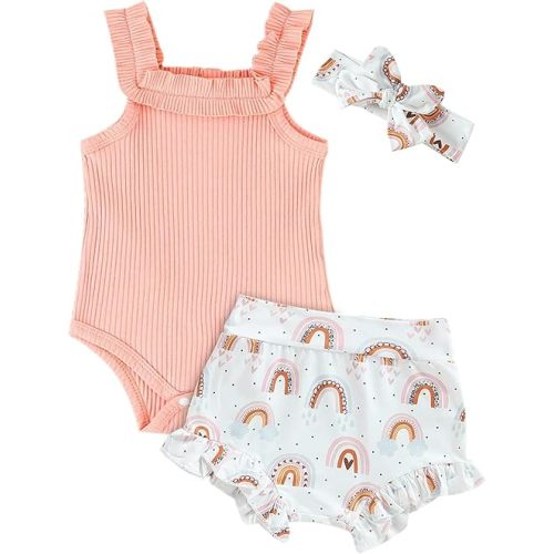 Easisim 3pcs Newborn Baby Girls Shorts Sets Cotton Sleeveless Romper Jumpsuit Bodysuit + Shorts + Headband Outfit Set