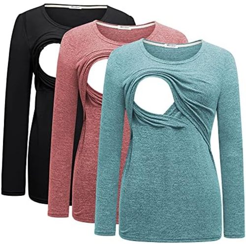 Bearsland Women's 3 Packs Maternity Clothes Long Sleeves Breastfeeding Shirts Nursing Top