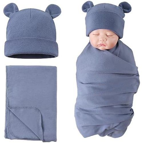 PESAAT Cotton Baby Swaddle Hat Set Newborn Infant Hats Receiving Blankets for Baby Boys Girls