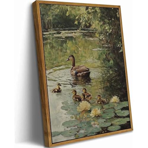 Framed Vintage Duck Canvas Wall Art Farmhouse Wall Decor Pictures Cottagecore Mother Duck Print Wildlife Nature Pond Sage Green Painting for Countryside Farmhouse Nursery Decoration 8x10in
