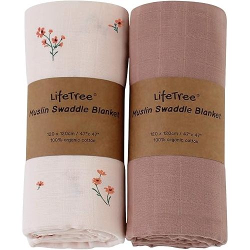 LifeTree Baby Girl Swaddle Blankets, Muslin Swaddling Wrap Neutral Receiving Blanket for Newborn, Organic Cotton, Large 47 x 47 inches, Solid Color/Flower Print