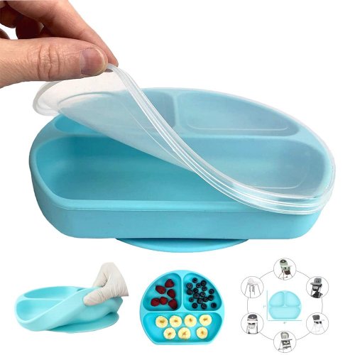 Amerteer Suction Plates for Babies with Cover, Toddlers, Silicone Placemats for Kids That Stick to High Chair Trays and Table, Baby Dishes - Kids Plates-Blue