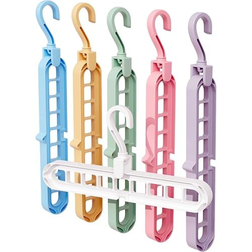 Space Saving Hangers for Clothes - 6 in Pack, Multicolor, Heavy Duty Plastic Hanger Organizer with 9 Holes for Closet - Multipurpose Essential Space Saver Organizers for Home, College Dorm Room