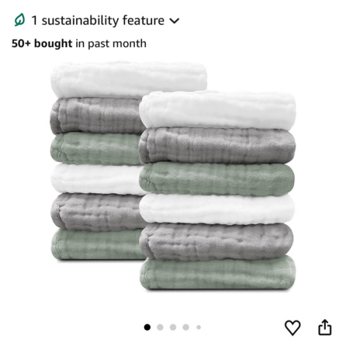 Sunny zzzZZ Baby Muslin Washcloths -100% Cotton Muslin Soft Absorbent Large Baby Bath Wash Cloths for Newborns Kids Girls and Boys -12 Pack, 12x12 Inches - White+Light Bean Paste Series