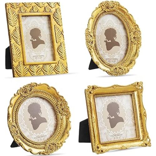 Vicenpal 4 Pcs Small Gold Picture Frames Vintage Mini Photo Frames Oval Baroque Antique Ornate Decor Rectangle for Gallery Hotel Wall Jewelry Photo Tabletop Display, 2.5x3.5 Inch, 3x3 Inch(Relief)