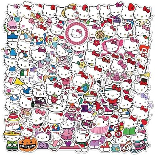 100Pcs Hello Kitty Stickers Pack Kitty White Theme Waterproof Sticker Decals for Laptop Water Bottle Skateboard Luggage Car Bumper Hello Kitty Stickers for Girls Kids Teens