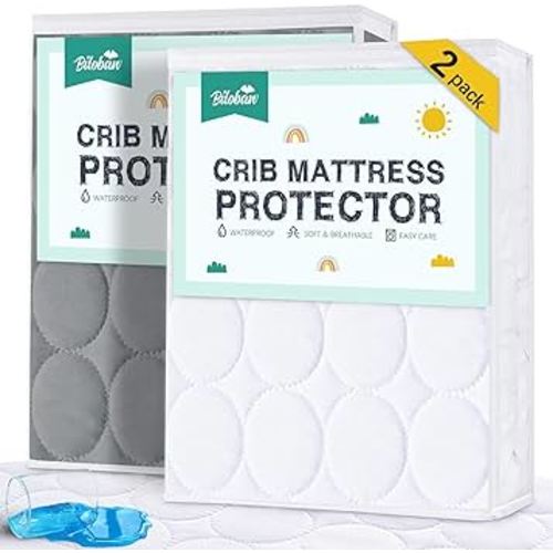 Biloban Crib Mattress Protector 2 Pack, Waterproof, Quilted, Grey & White, Absorbent, Ultra Soft, Noiseless, Durable
