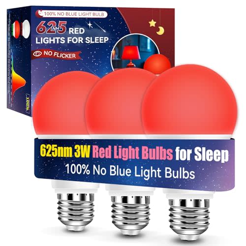 Neporal 3W 625nm Red Light Bulbs for Sleep, 100% Blue Light Blocking Bulb, Red Light Night Light for Melatonin Promoting, A19 40W Equivalent Dim Light Bulbs for Bedroom, Baby Nursery, 3 Pack