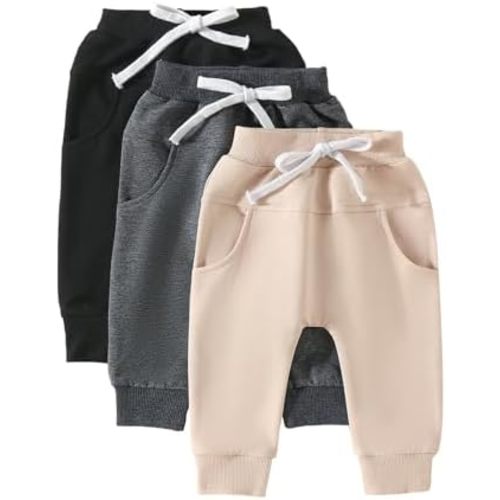 Yoawdats Baby Boys' 3-Pack Pull-on Jogger Pants Knit Pants Classic Fit Elastic Waist Kids Toddler Pants Multipacks Long Pants