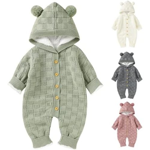 Opewod Infant Knitted Sweater Romper Longsleeve Outfit Fleece Jumpsuit for Baby Boy Girl Clothes
