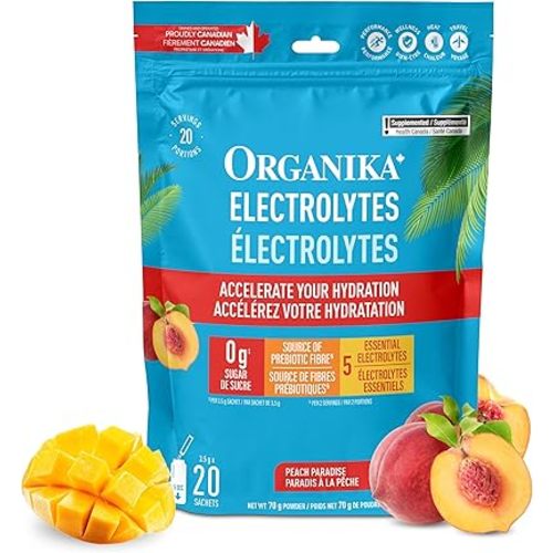 Organika Canadian-Made Electrolytes Powder- Peach Paradise Sachets, On-the-Go Sugar-Free Hydration and Electrolyte Replenishment with Prebiotics and Vitamin C- 3.5g x 20ct